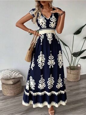 Navy Blue & Cream Embroidered Maxi Dress